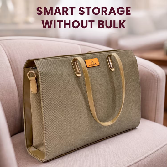 Beige storage bag with brown handles on a light-colored couch, with text 'Smart Storage Without Bulk' above.