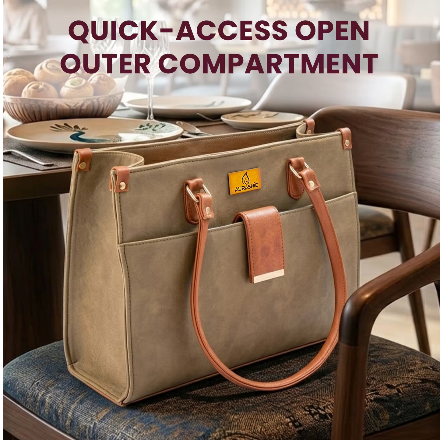 Beige handbag with brown handles on a chair in a dining area, with text 'Quick-access open outer compartment'.