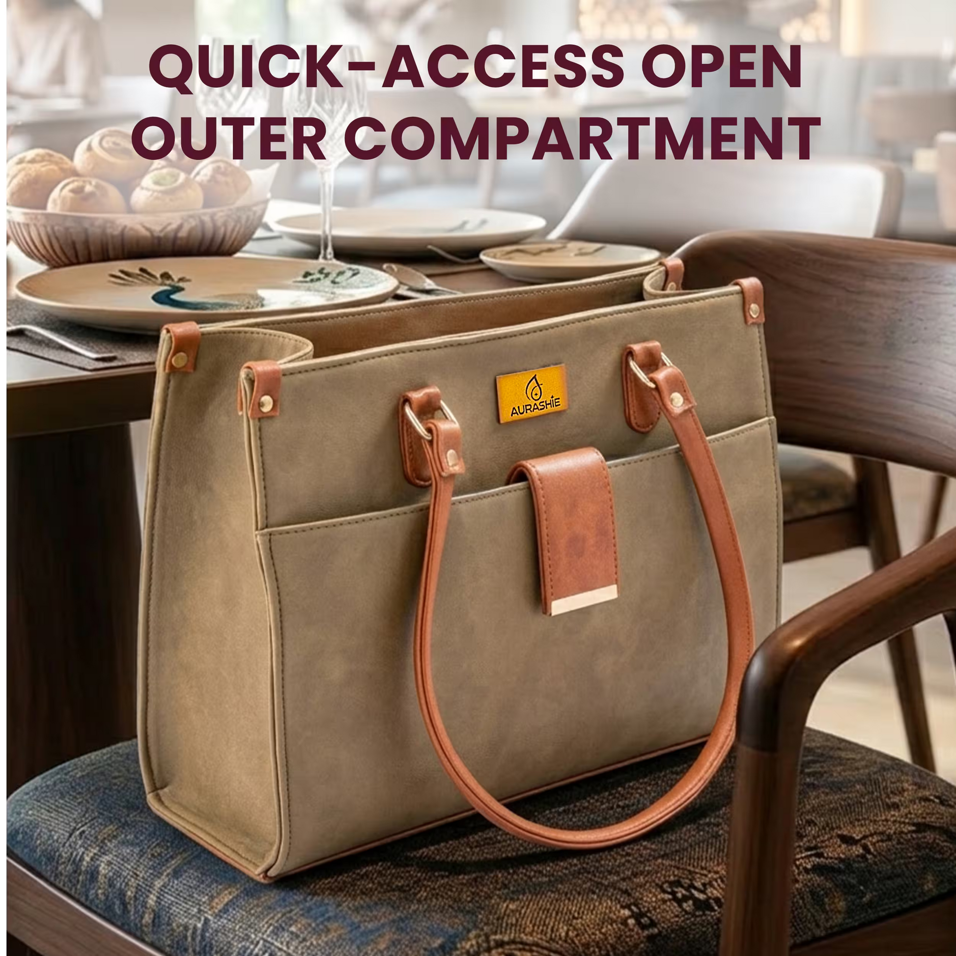 Beige handbag with brown handles on a chair in a dining area, with text 'Quick-access open outer compartment'.