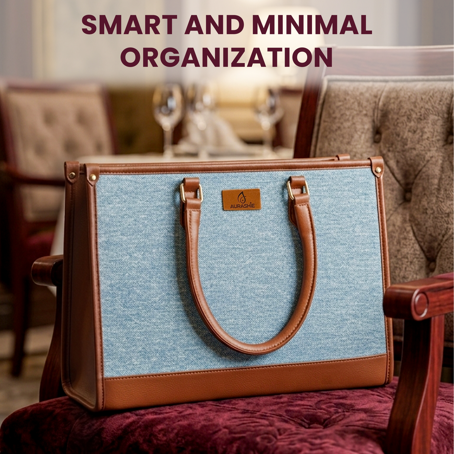 Blue handbag with brown handles and trim on a chair in a dining room setting.