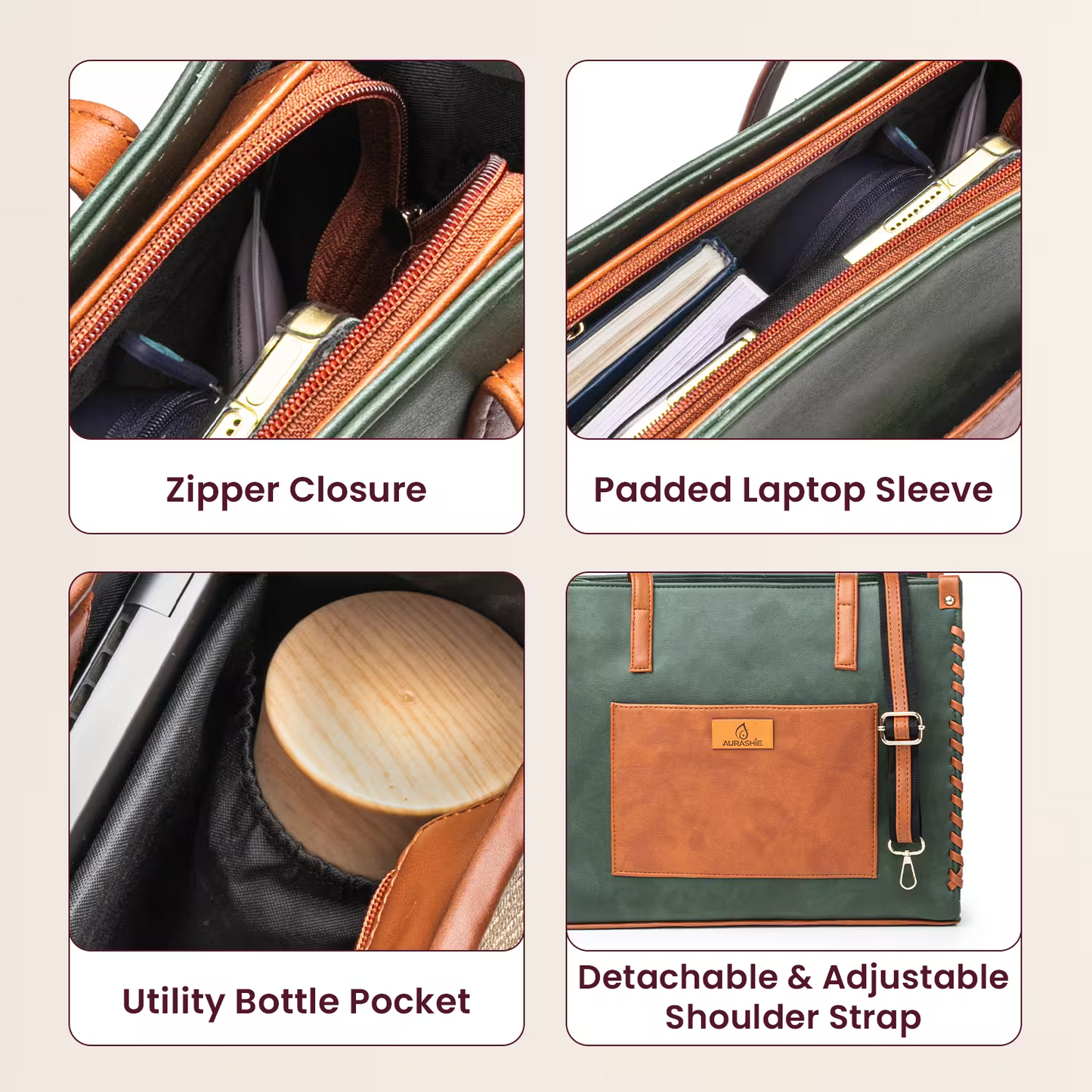 Product features of a green and brown bag with text labels on a beige background