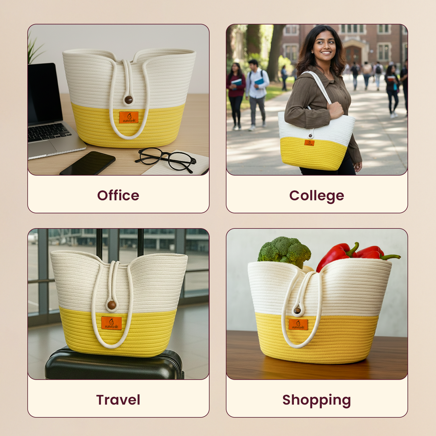 Yellow and white tote bag used for office, college, travel, and shopping.