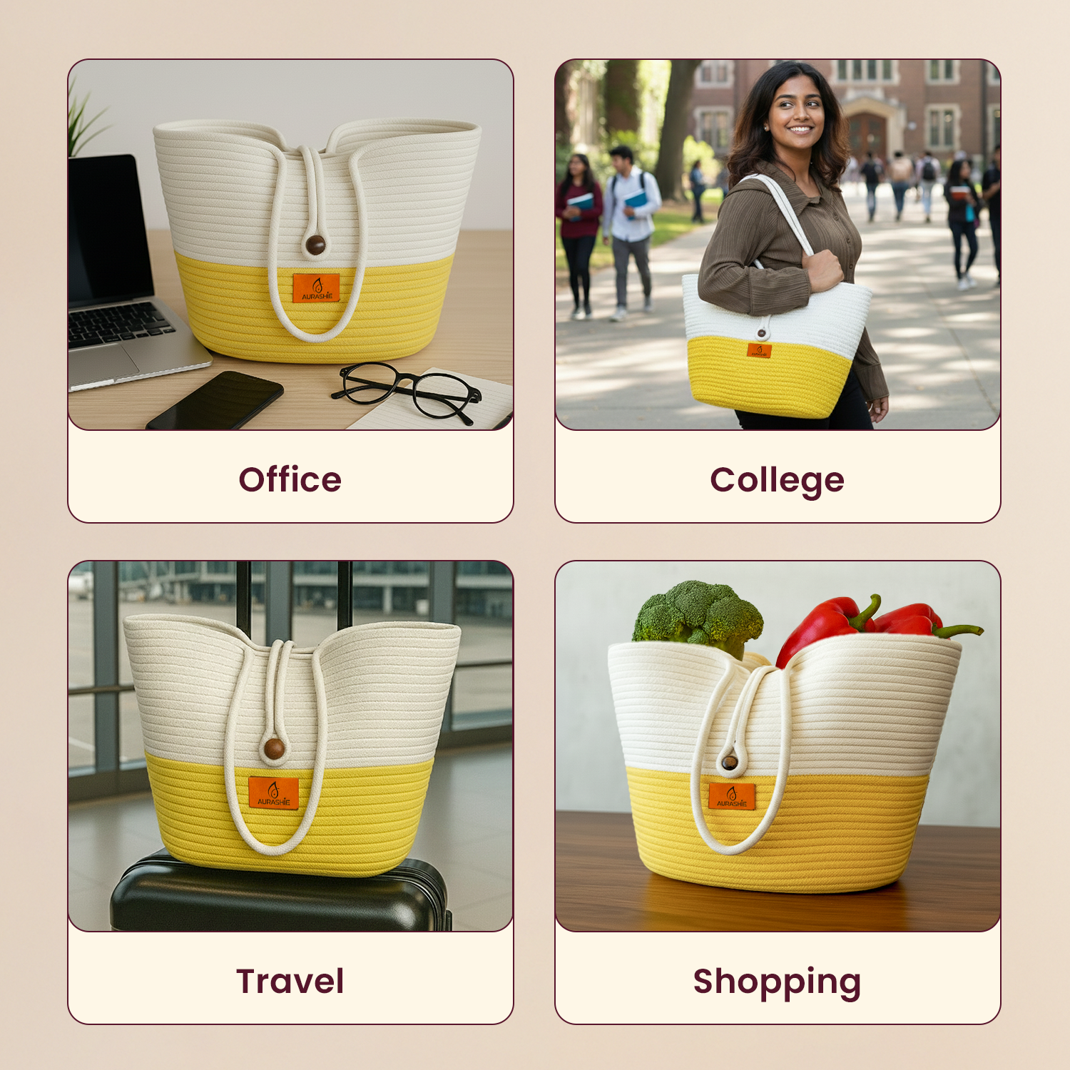 Yellow and white tote bag used for office, college, travel, and shopping.