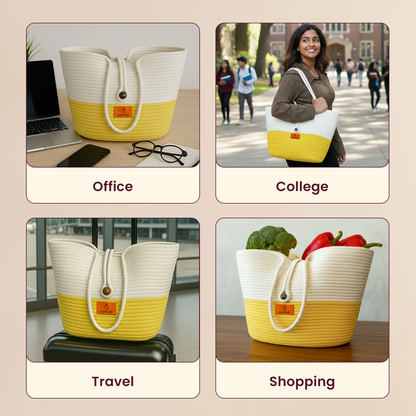 Yellow and white tote bag used for office, college, travel, and shopping.