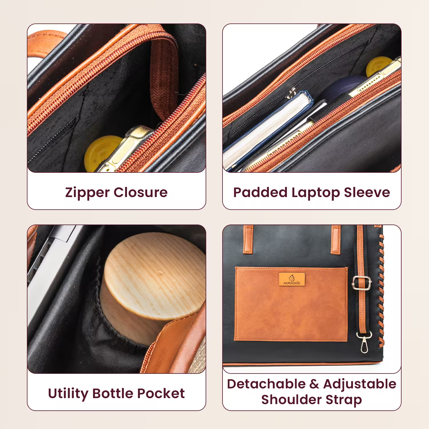 Product features of a bag with zipper closure, padded laptop sleeve, utility bottle pocket, and detachable shoulder strap.