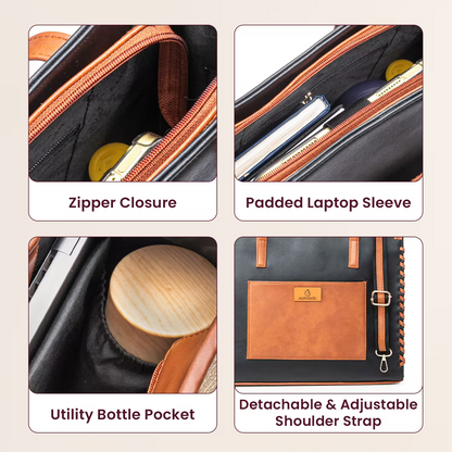 Product features of a bag with zipper closure, padded laptop sleeve, utility bottle pocket, and detachable shoulder strap.