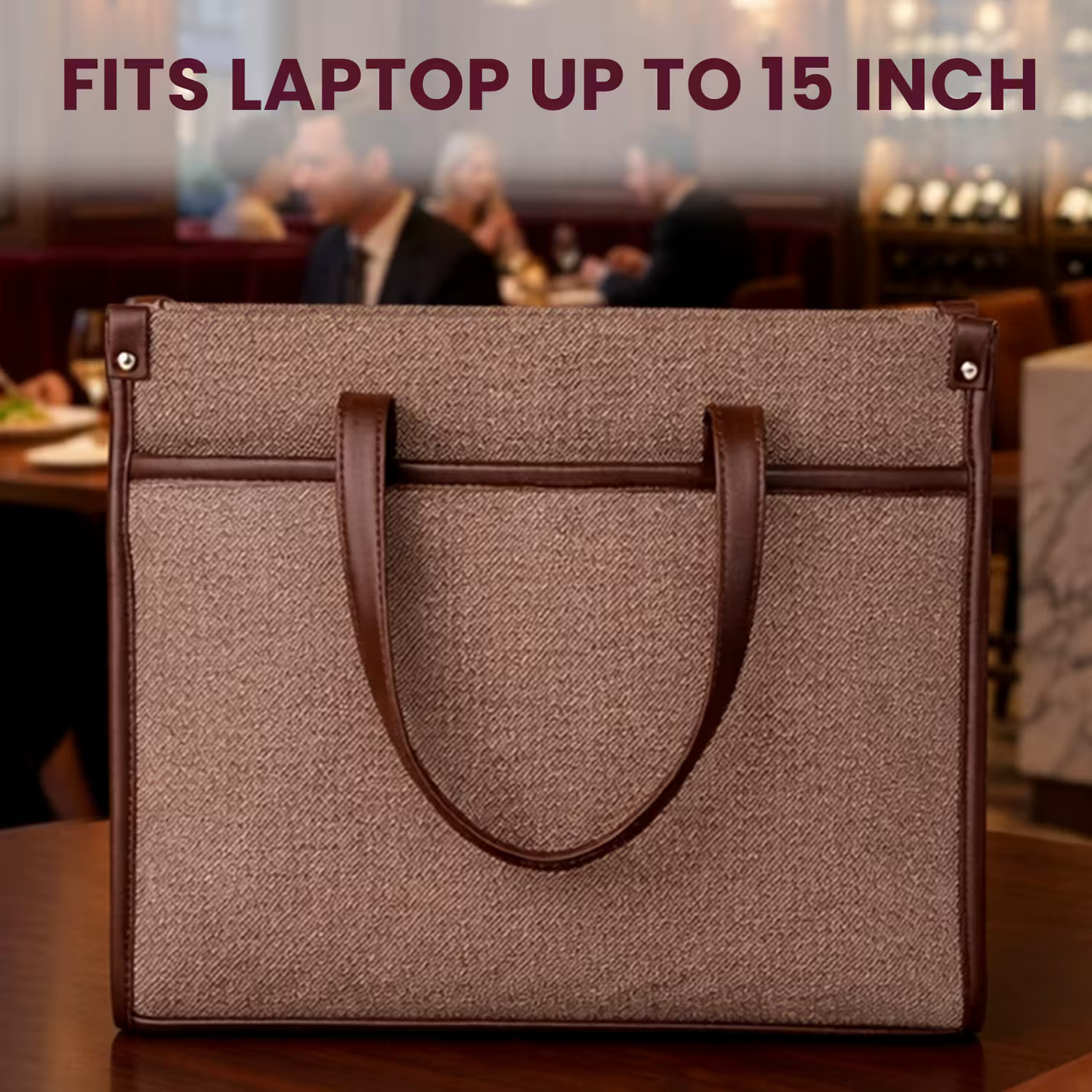 Brown laptop bag with brown handles on a blurred restaurant background