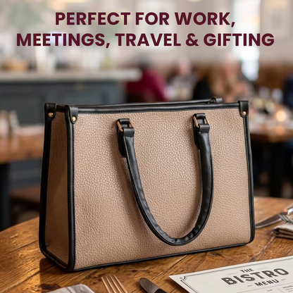 Beige handbag with black handles on a wooden table in a restaurant setting, text 'Perfect for work, meetings, travel & gifting'.