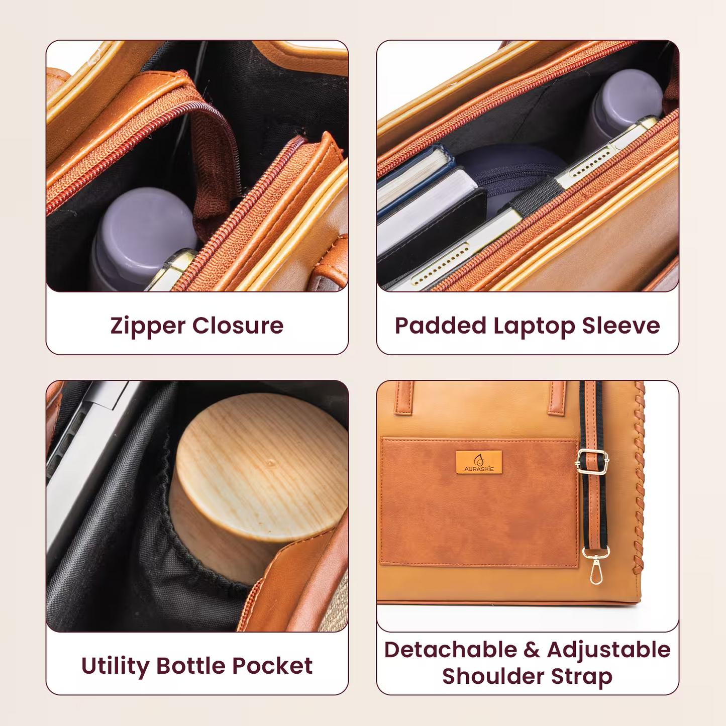 Product features including zipper closure, padded laptop sleeve, utility bottle pocket, and detachable shoulder strap on a beige background.