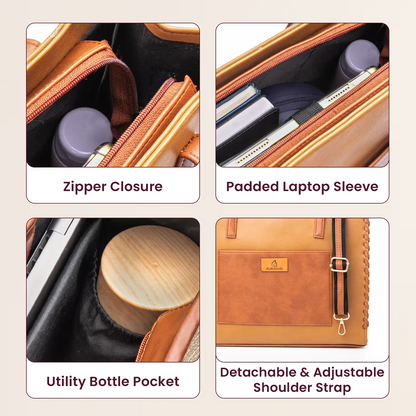 Product features including zipper closure, padded laptop sleeve, utility bottle pocket, and detachable shoulder strap on a beige background.