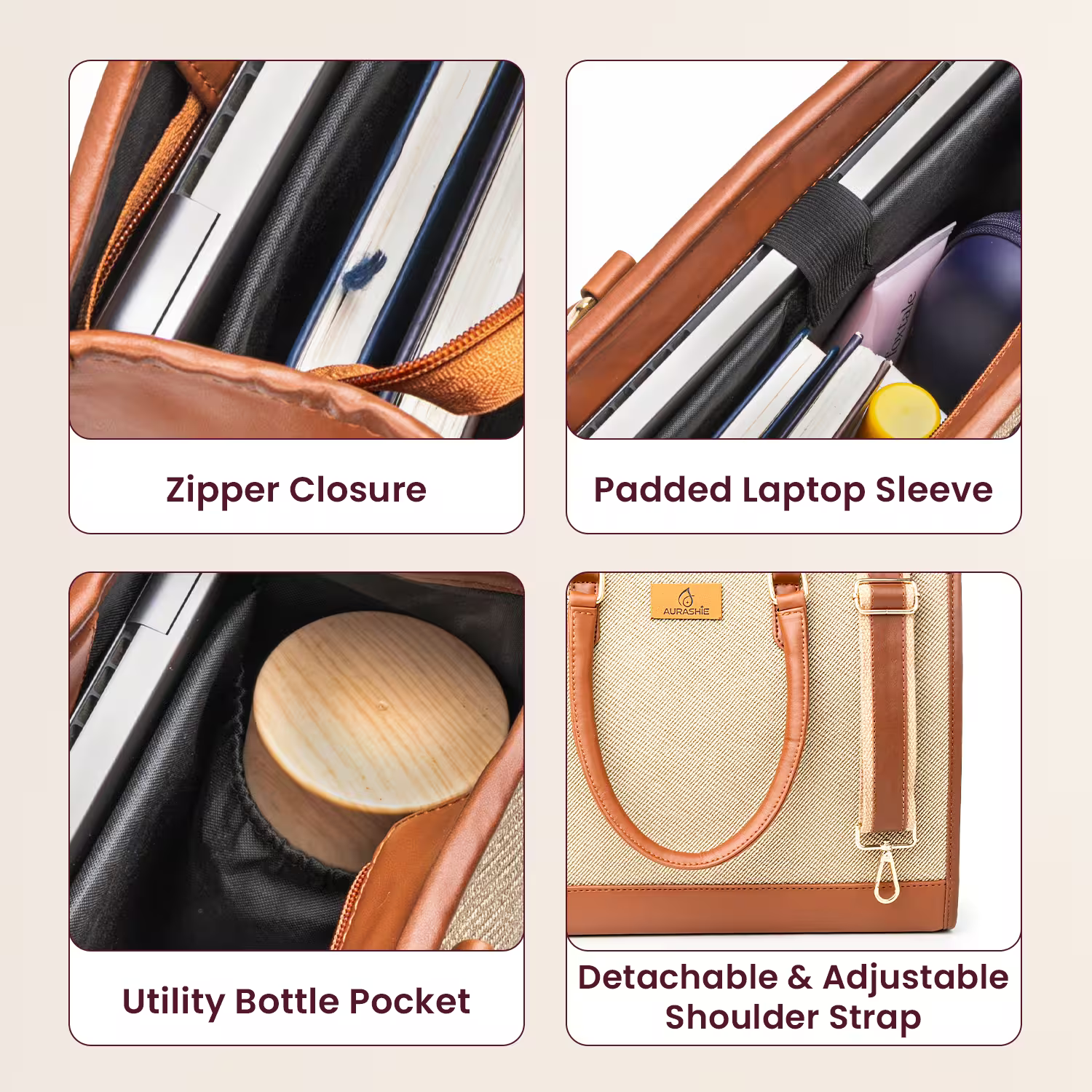 Product features including zipper closure, padded laptop sleeve, utility bottle pocket, and detachable shoulder strap on a beige background.