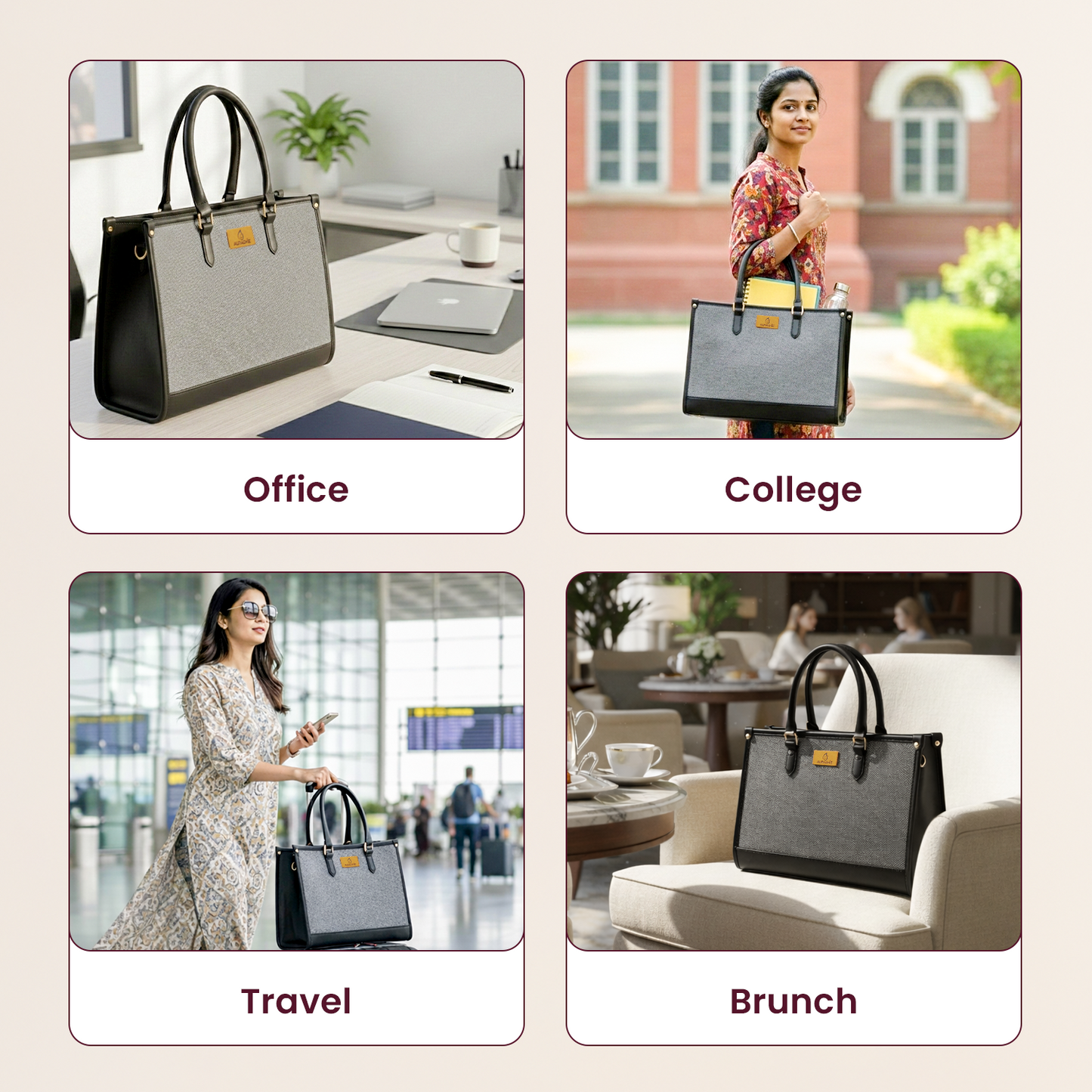 Black handbag used in various settings including office, college, travel, and brunch.