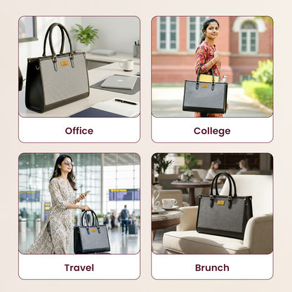 Black handbag used in various settings including office, college, travel, and brunch.