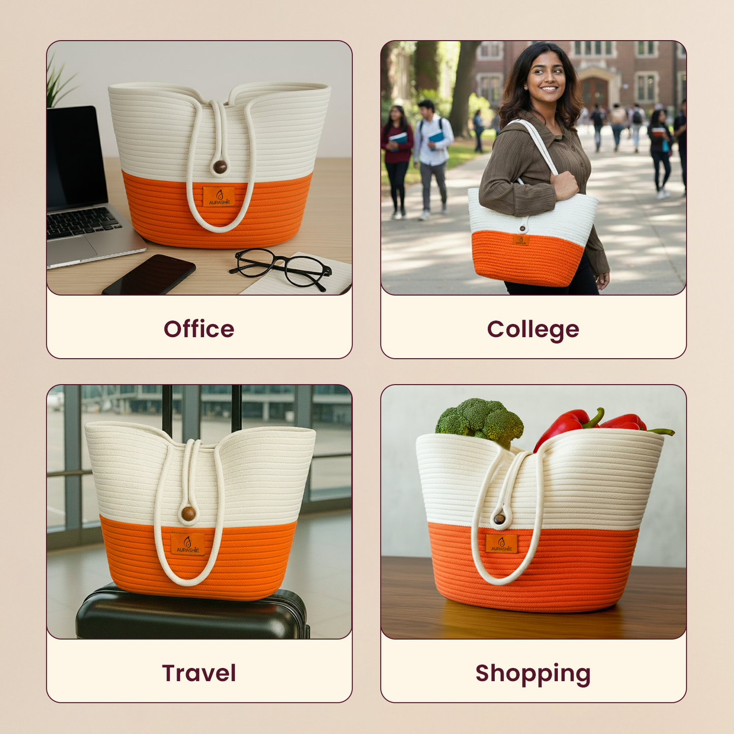 Multifunctional tote bag with orange and white design used for office, college, travel, and shopping.