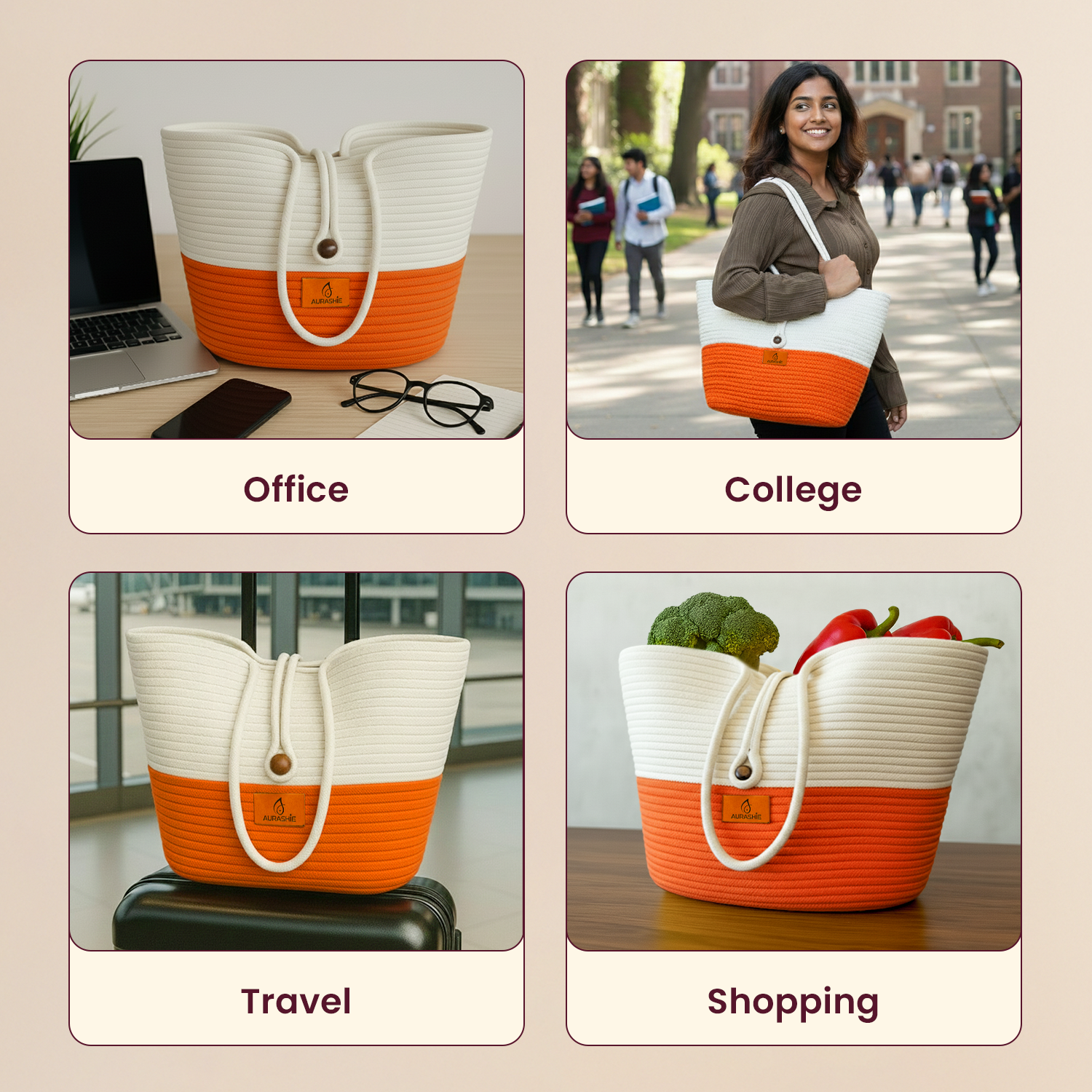 Multifunctional tote bag with orange and white design used for office, college, travel, and shopping.