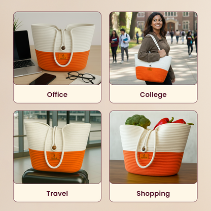 Multifunctional tote bag with orange and white design used for office, college, travel, and shopping.