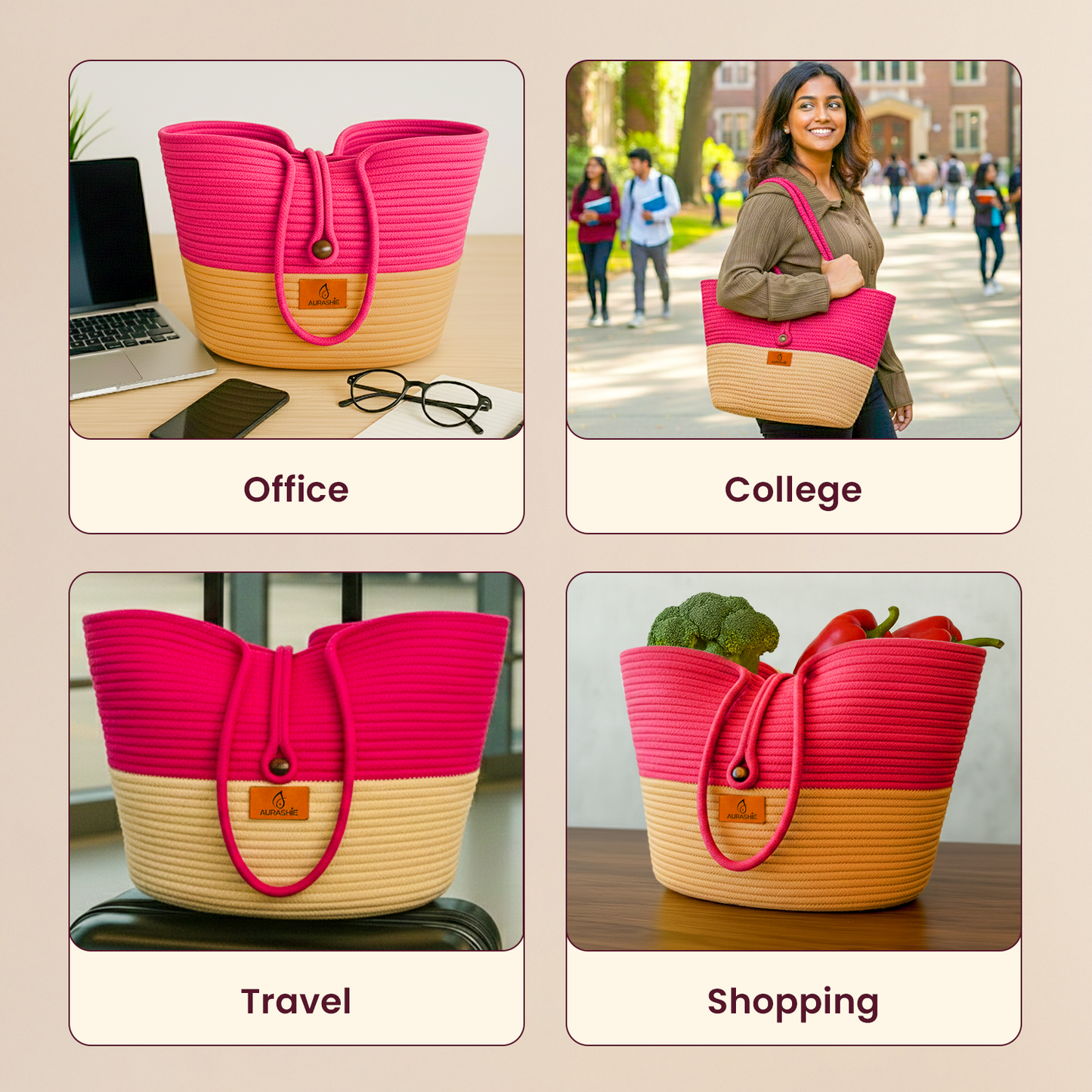 Collage of a pink and beige tote bag used in various settings like office, college, travel, and shopping.