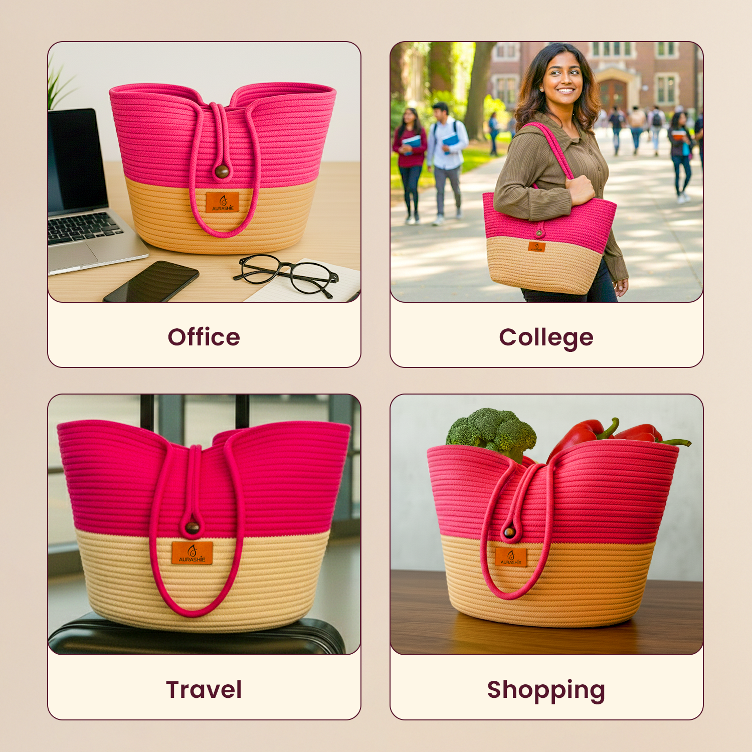 Collage of a pink and beige tote bag used in various settings like office, college, travel, and shopping.