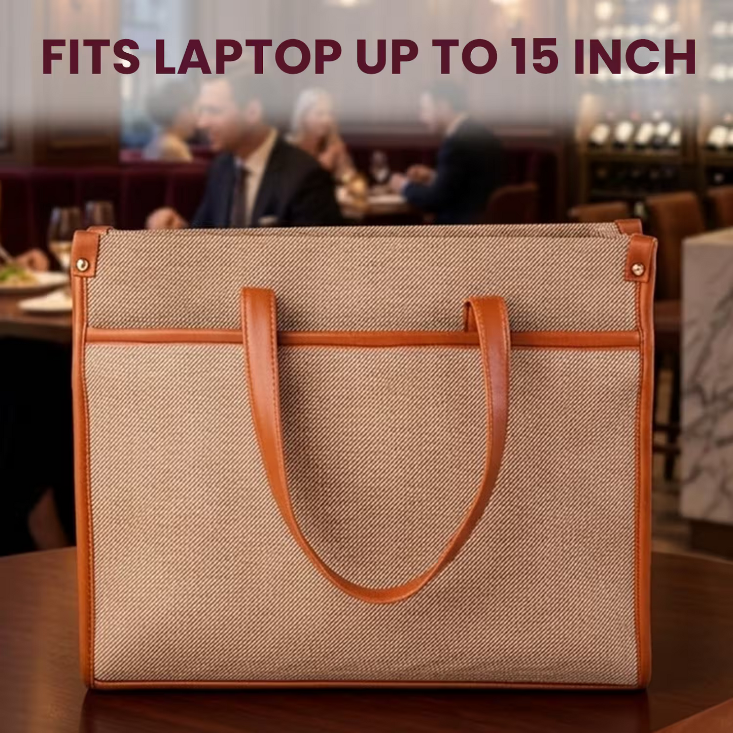 Brown tote bag with leather accents on a table with a coffee and pastry, set against an outdoor cafe background.