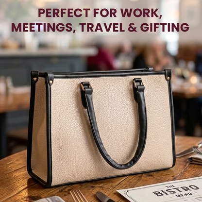 Beige handbag with black handles on a wooden table in a restaurant setting