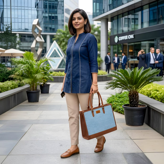 Woman in a blue top and beige pants holding a brown handbag in an urban setting.
