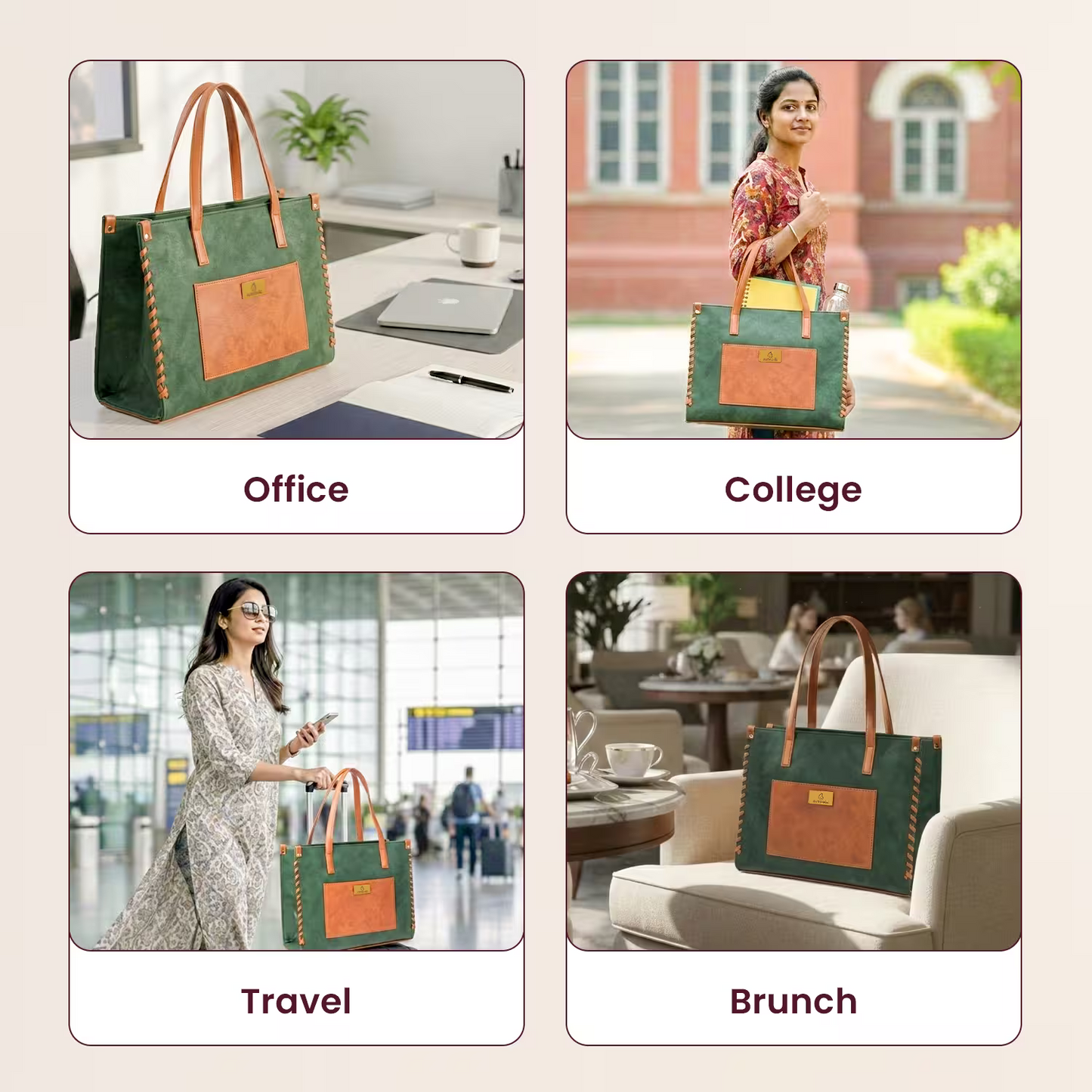 Green and brown handbag used in various settings including office, college, travel, and brunch.