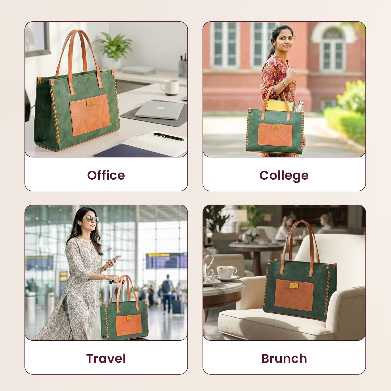 Green and brown handbag used in various settings including office, college, travel, and brunch.