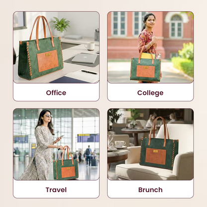 Green and brown handbag used in various settings including office, college, travel, and brunch.