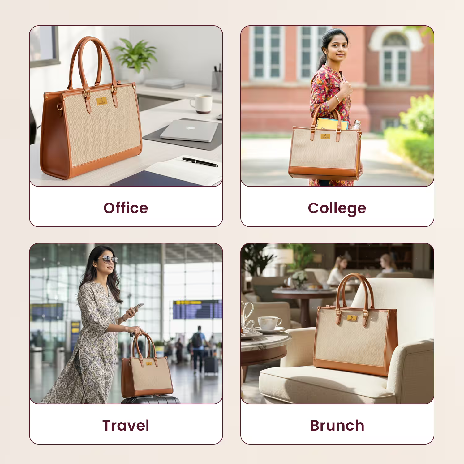 Four scenarios showing a woman using a beige and brown handbag in different settings.