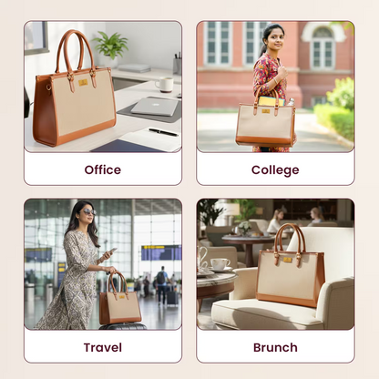 Four scenarios showing a woman using a beige and brown handbag in different settings.