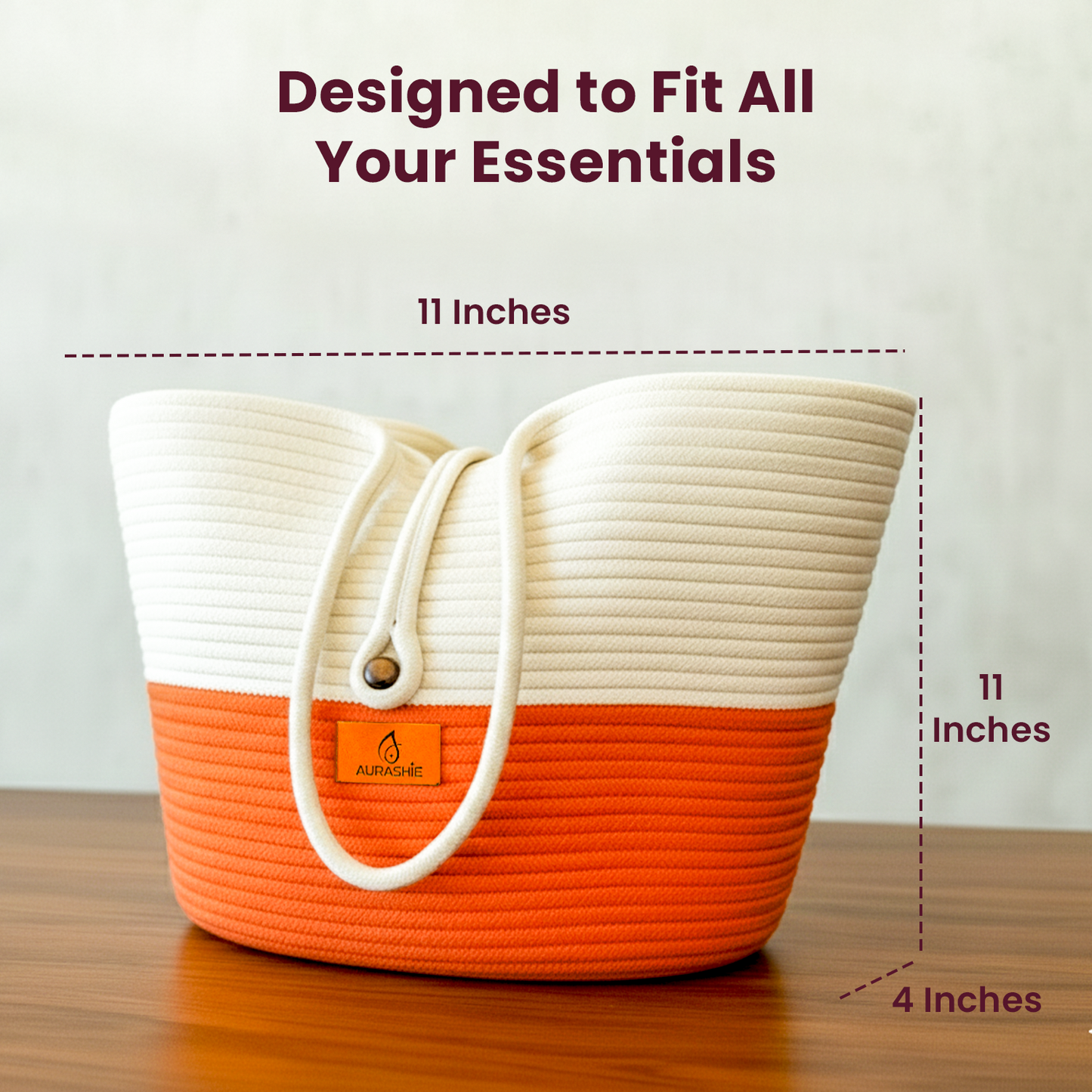 Orange and white woven basket with dimensions on a wooden surface