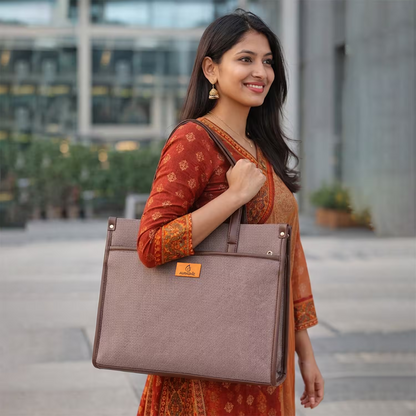 Woman holding a brown tote bag in an urban setting