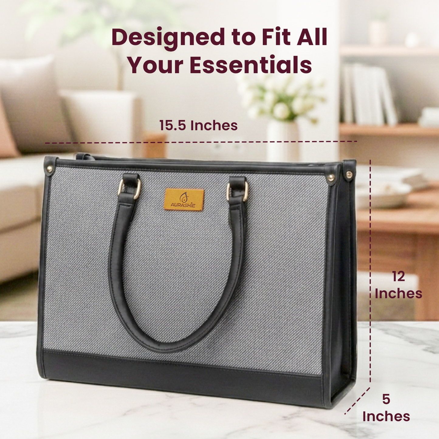 Gray tote bag with measurements and text on a blurred indoor background
