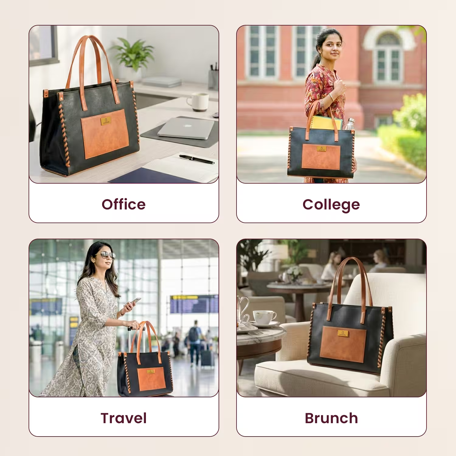Black and brown handbag used in various settings including office, college, travel, and brunch.