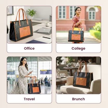 Black and brown handbag used in various settings including office, college, travel, and brunch.