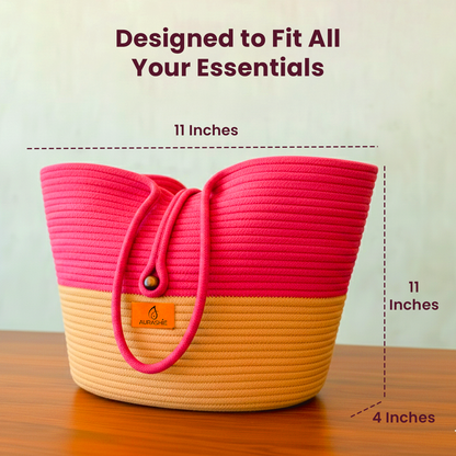 Pink and beige woven bag with dimensions on a wooden surface