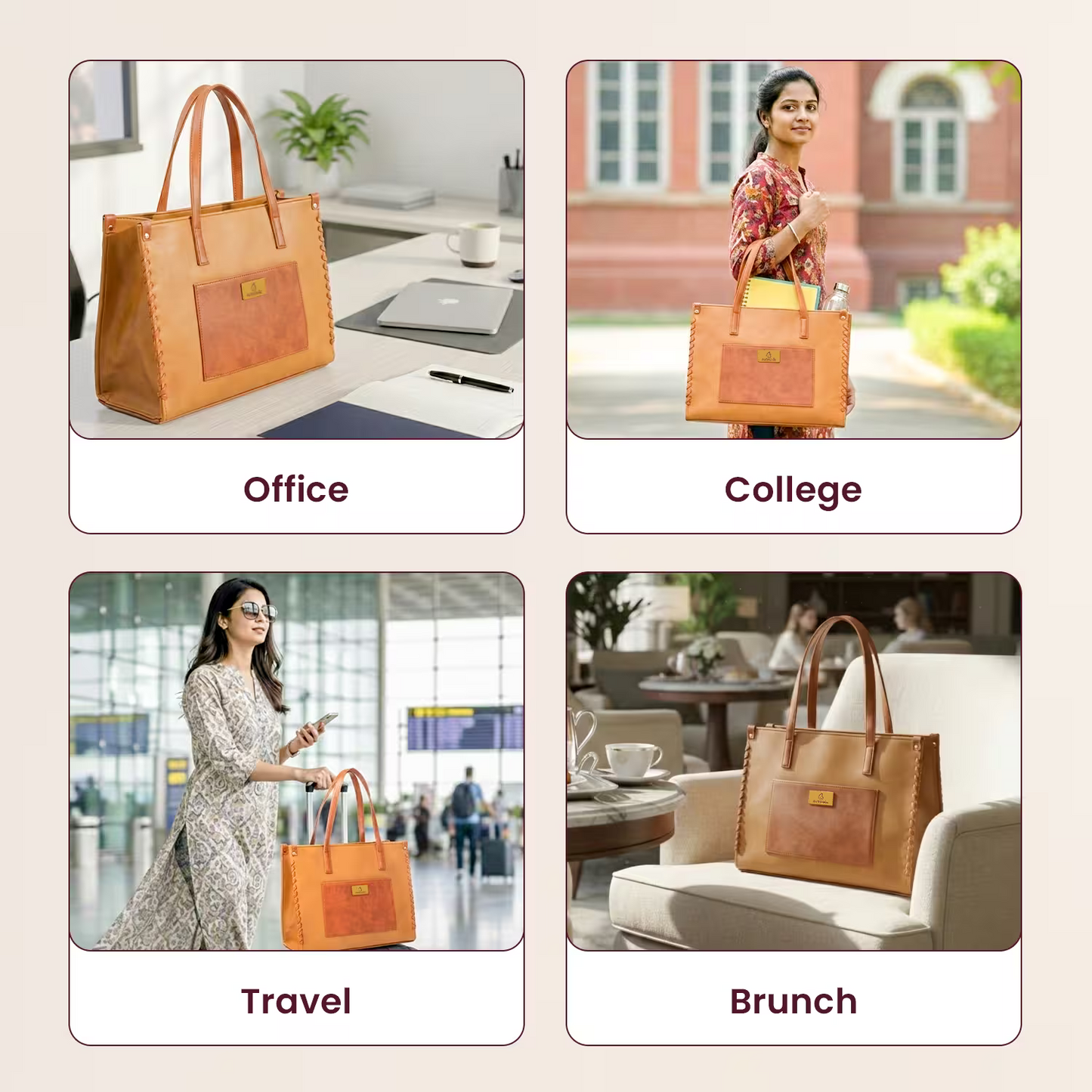 Brown leather tote bag used in various settings including office, college, travel, and brunch.
