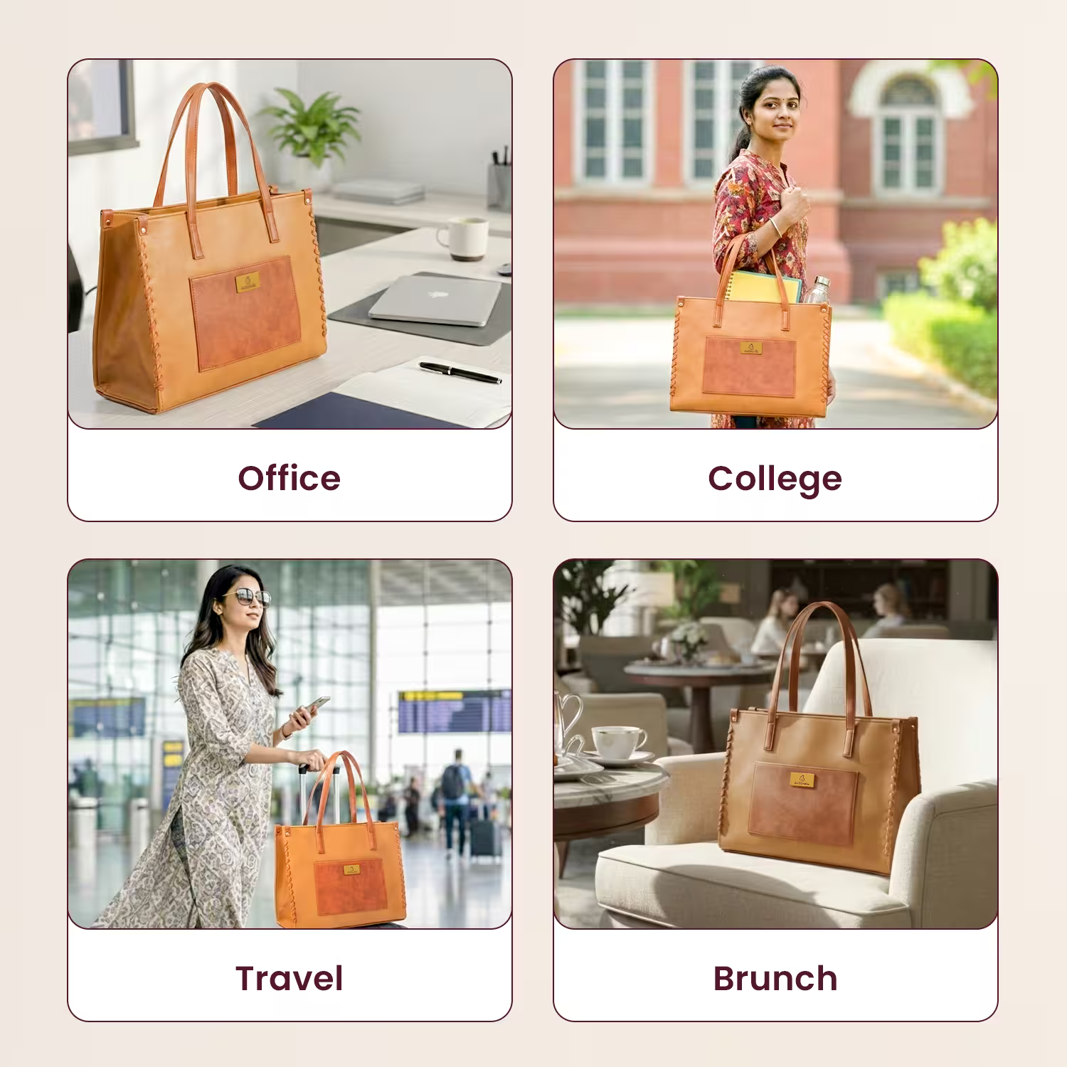 Brown leather tote bag used in various settings including office, college, travel, and brunch.