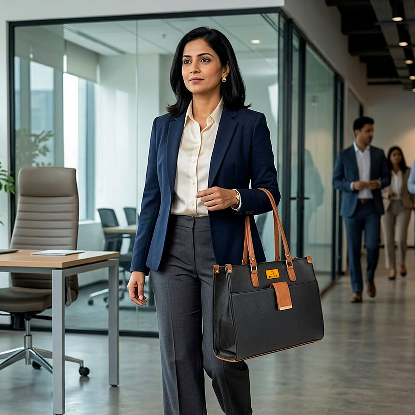 Woman in a professional setting holding a black briefcase.