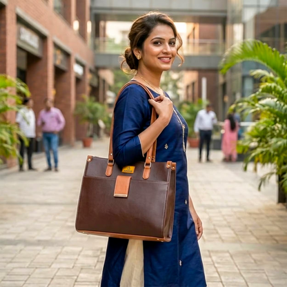 Woman holding a brown handbag in an outdoor setting with people and plants in the background