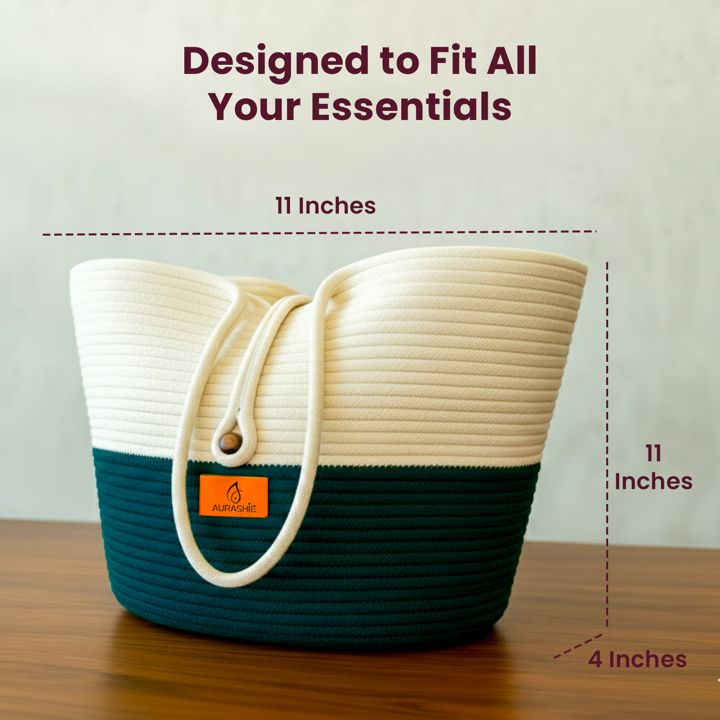 Woven tote bag with dimensions on a wooden surface