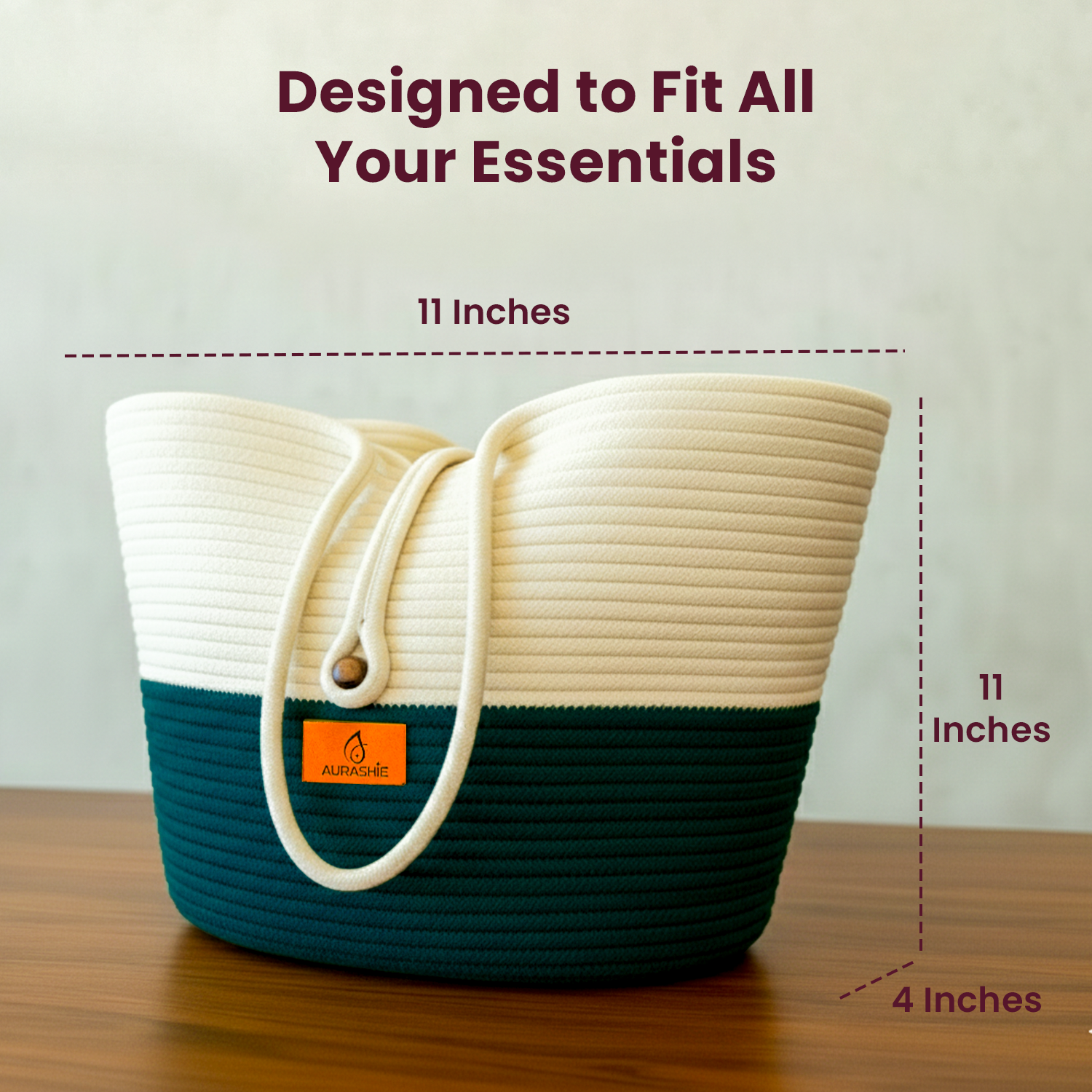 Woven tote bag with dimensions on a wooden surface