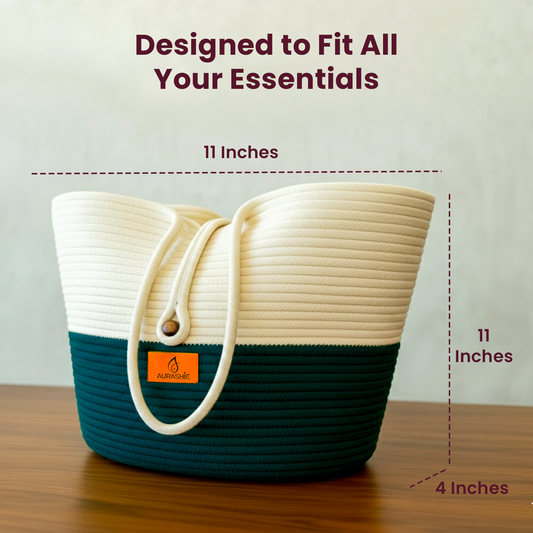 Woven tote bag with dimensions on a wooden surface