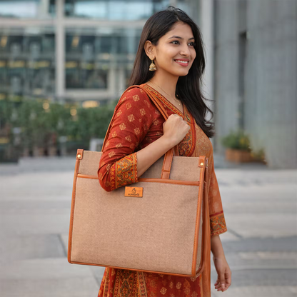 Woman holding a beige tote bag in an urban setting