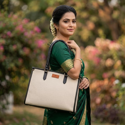 Woman in a green saree holding a beige handbag with a blurred floral background