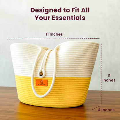 Yellow and white woven basket with dimensions on a wooden surface