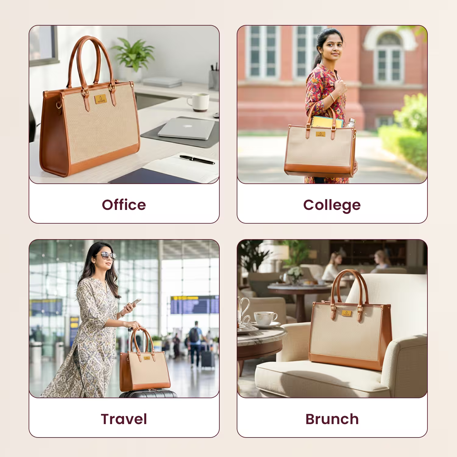 Beige and brown handbag used in various settings including office, college, travel, and brunch.