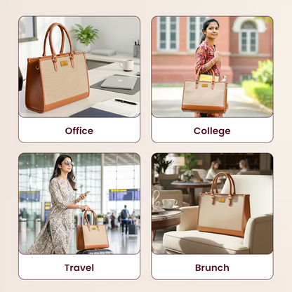 Beige and brown handbag used in various settings including office, college, travel, and brunch.