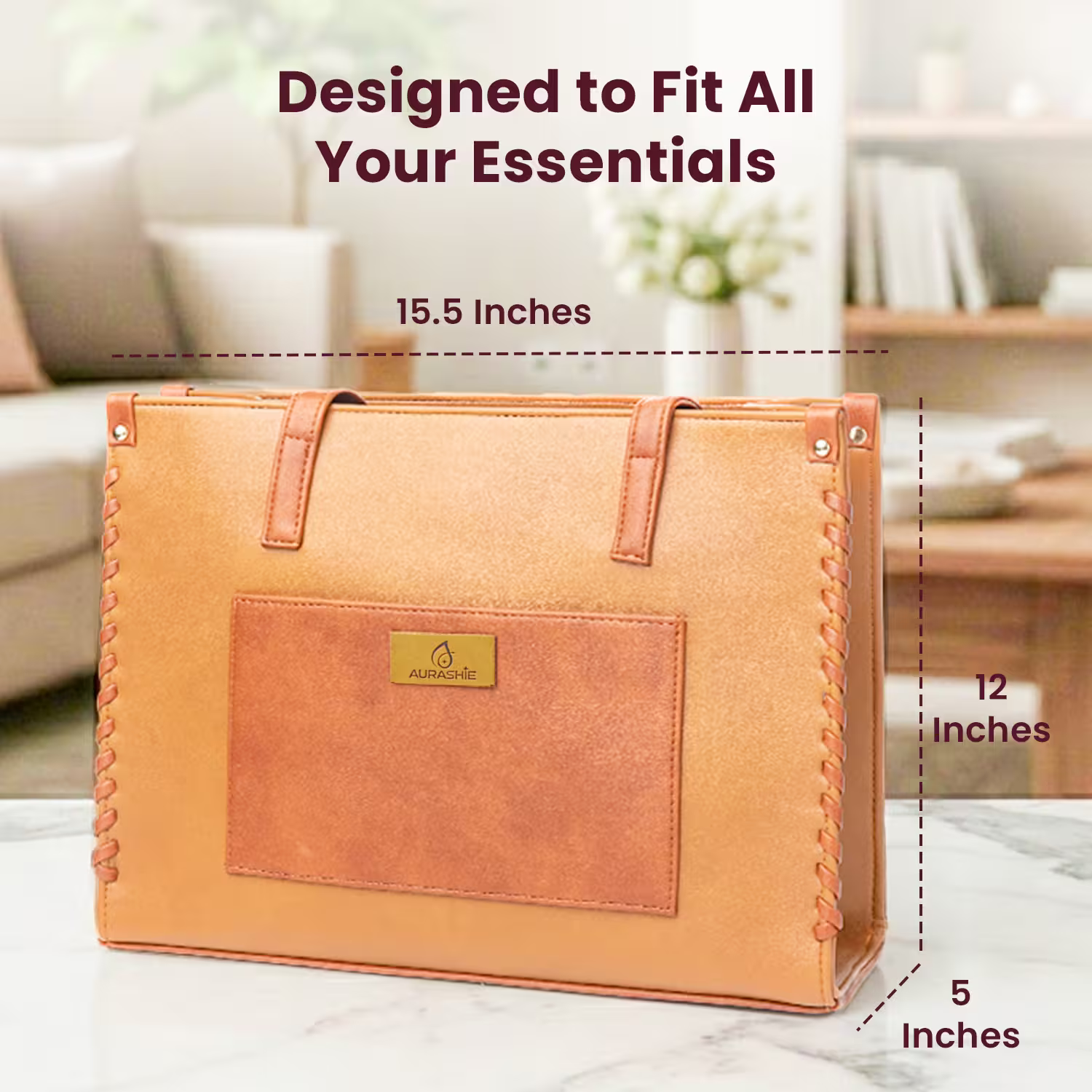 Brown leather bag with dimensions labeled on a blurred indoor background