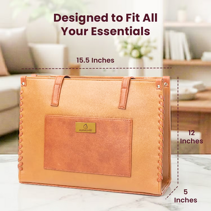 Brown leather bag with dimensions labeled on a blurred indoor background
